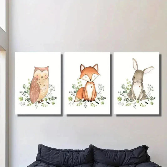 3pcs Owl fox and rabbit, cute bunny Metal Print Ready to Hang Art