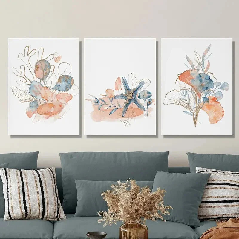 3pcs Abstract seashell coral seaweed art painting Metal Print Ready to Hang Art