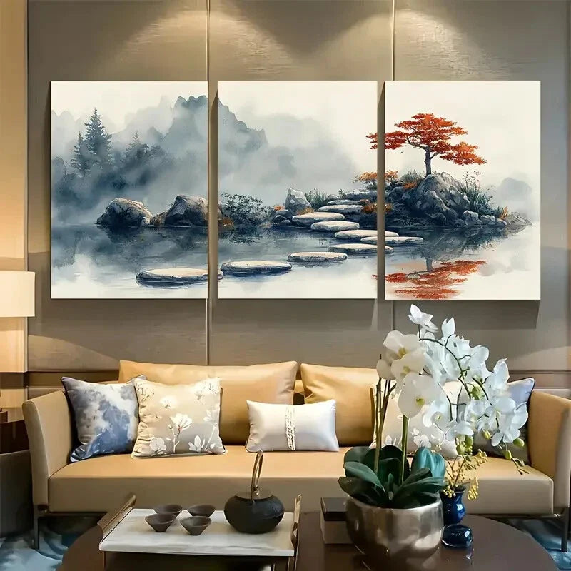 3pcs Japanese Zen Garden Stepping Stones Metal Print Ready to Hang Art