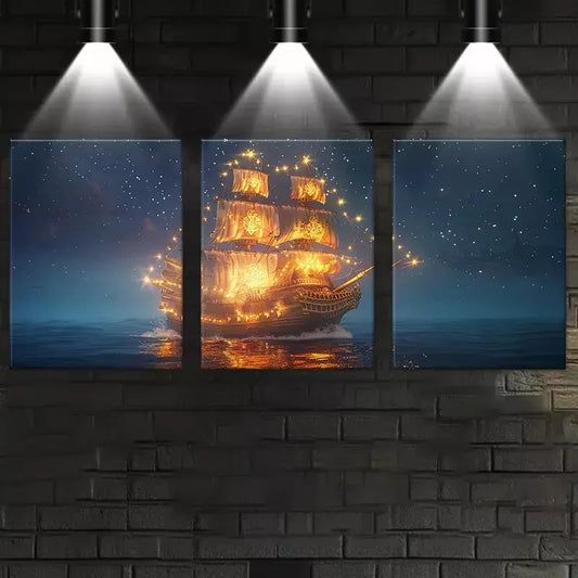 3pcs Enchanting Sailboat Under the Stars  Wall Art Set Canvas Framed 40x60cm - High Quality Print 100% Australian Made Wall Canvas Ready to Hang