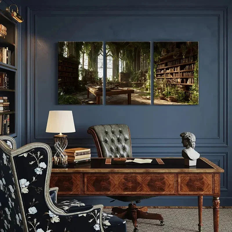 3pcs Enchanted Gothic Architecture Bookshelves Metal Print Ready to Hang Art