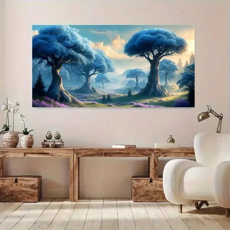 Blue Trees Misty Mountains wall canvas office home room framed 120x60cm