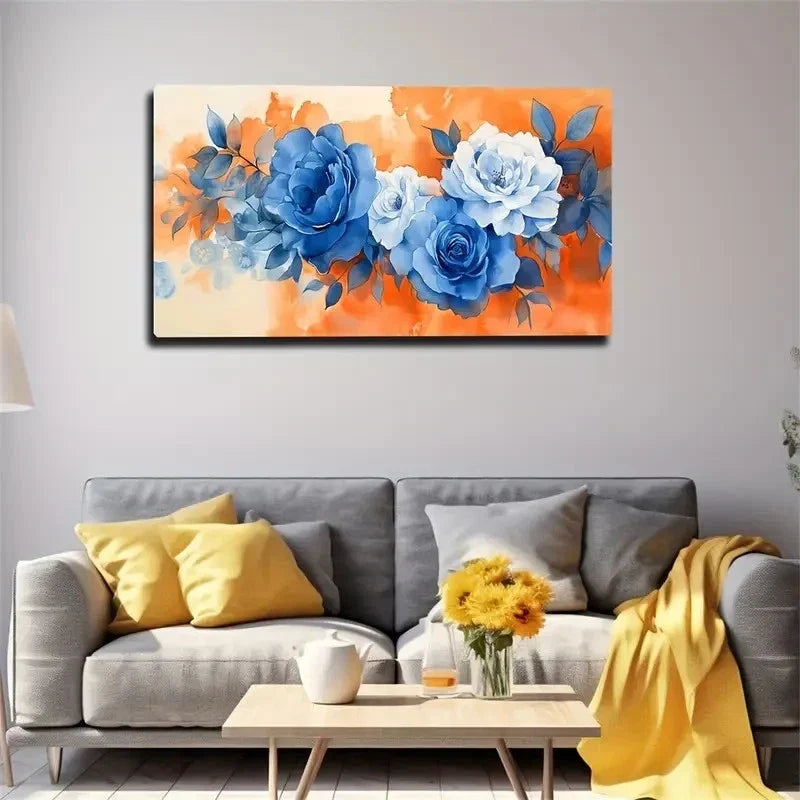 Vibrant Blue And Orange Flowers Wall Art Canvas Office Home Room Framed 120x60cm