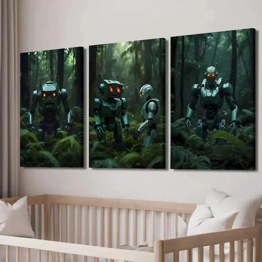 3pcs Futuristic Robots in the Forest Wall Art Set Canvas Framed 40x60cm - High Quality Print 100% Australian Made Wall Canvas Ready to Hang