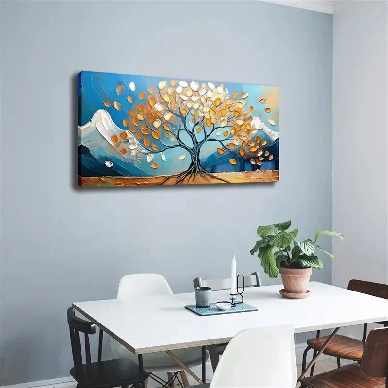Golden Tree In Front Of Snow Wall Art Canvas Office Home Room Framed 120x60cm