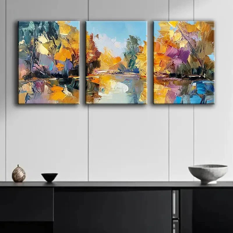 3pcs Luxurious Golden Abstract Landscape Metal Print Ready to Hang Art