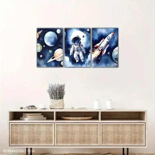3pcs Tribute Astronaut Rocket Planet Space Metal Print Ready to Hang Art