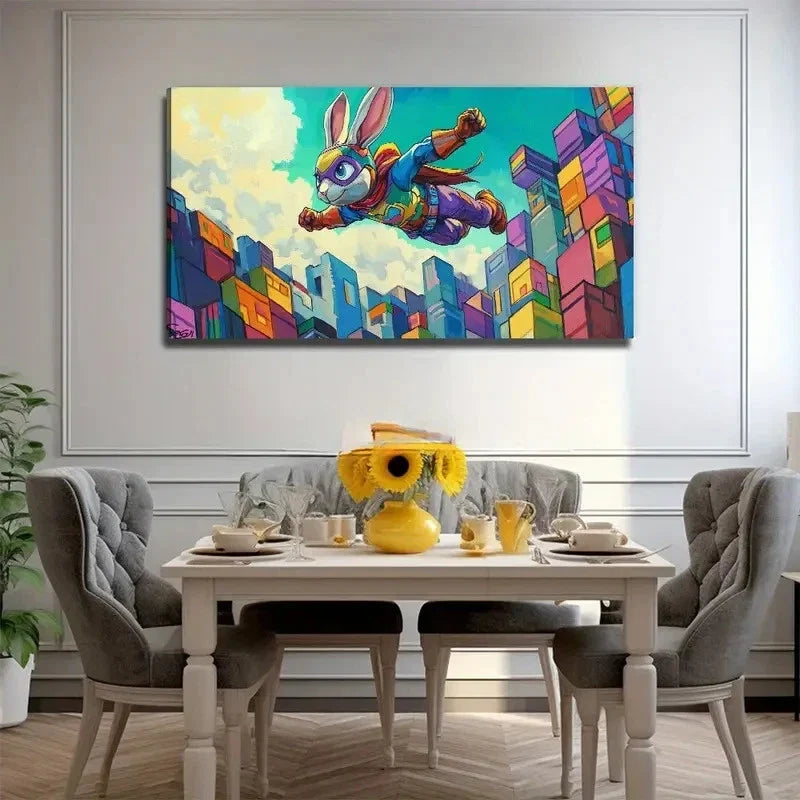Dynamic Flying Bunny City Wall Art Canvas Office Home Room Framed 80x45cm