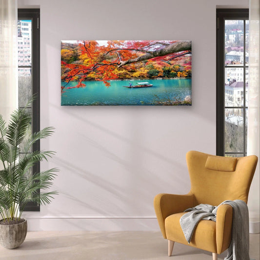 Autumn River Landscape with Boat Wall Art Canvas Office Home Framed 80x45cm