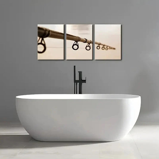 3pcs Close Up View of Brown Fishing Rod Metal Print Ready to Hang Art
