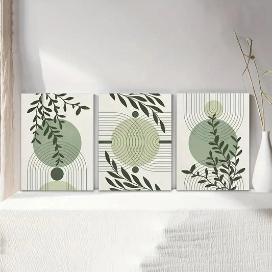 3pcs Green Light Grey Abstract Geometric Metal Print Ready to Hang Art