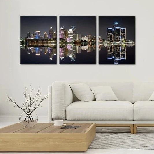 3pcs Black & White Night Skyline Cityscape Metal Print Ready to Hang Art