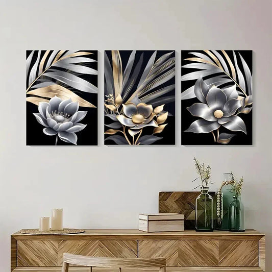 3pcs Golden Black Modern Trendy Golden Metal Print Ready to Hang Art