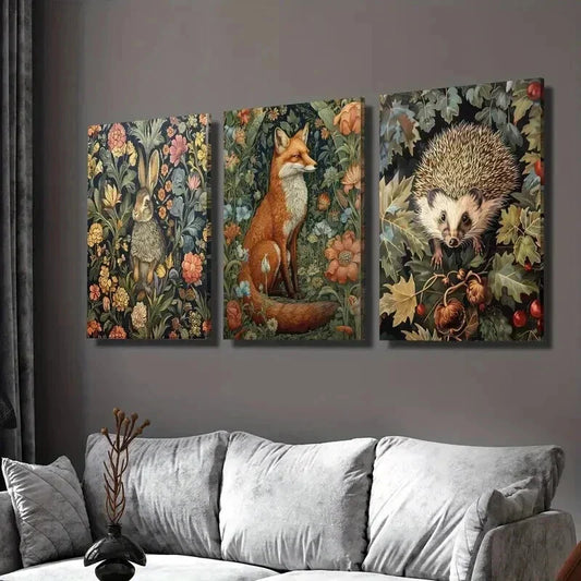 3pcs Bunny Fox Hedgehog with Flowers Wall Art Set Canvas Framed 40x60cm - High Quality Print 100% Australian Made Wall Canvas Ready to Hang