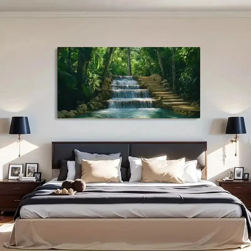Green Forest & Waterfall Decor Wall Art Canvas Office Home Room Framed 120x60cm