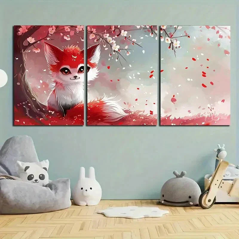 3pcs Baby Fox Modern Design Red & White Metal Print Ready to Hang Art