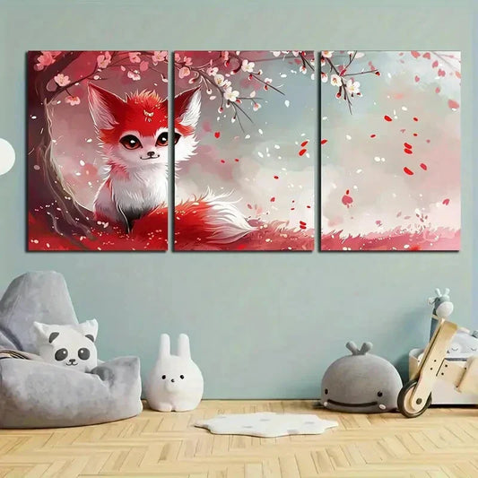3pcs Baby Fox Modern Design Red & White Metal Print Ready to Hang Art