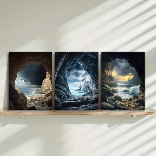 3pcs Seaside Cave Design Elegance Metal Print Ready to Hang Art