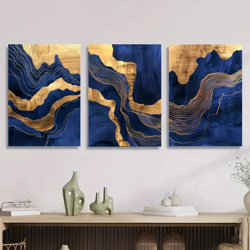 3pcs Abstract wavy blue marble and gold gilt  Metal Print Ready to Hang Art
