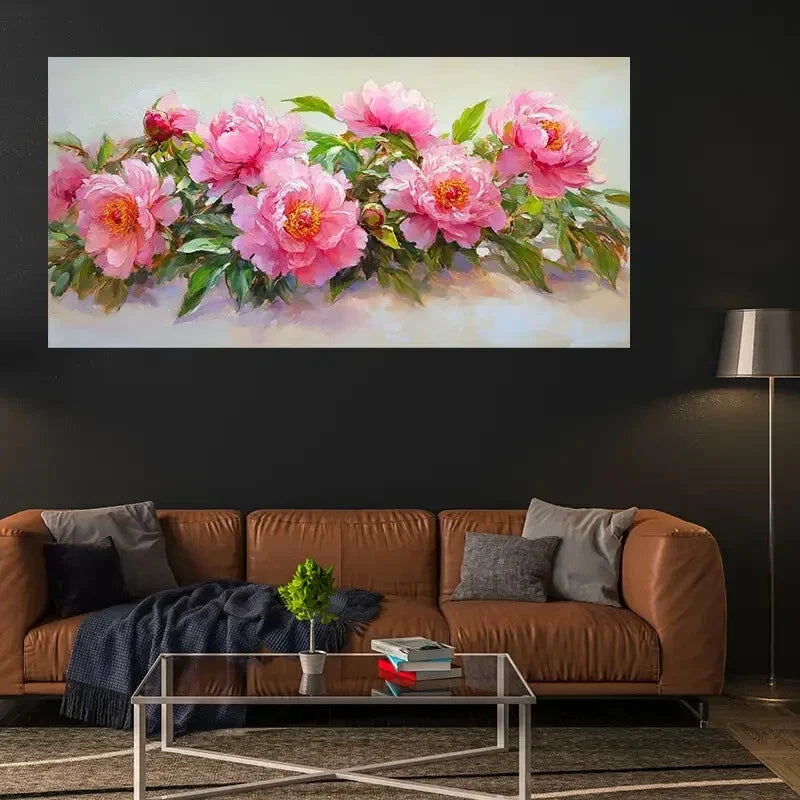 Pink Peony Floral Contemporary Wall Art Canvas Office Home Room Framed 120x60cm