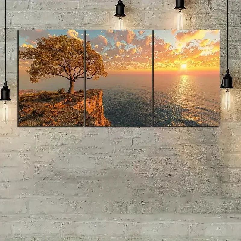 3pcs Sun Setting Over An Ocean with Trees Canvas Framed 40x60cm - High Quality Print 100% Australian Made Wall Canvas Ready to Hang