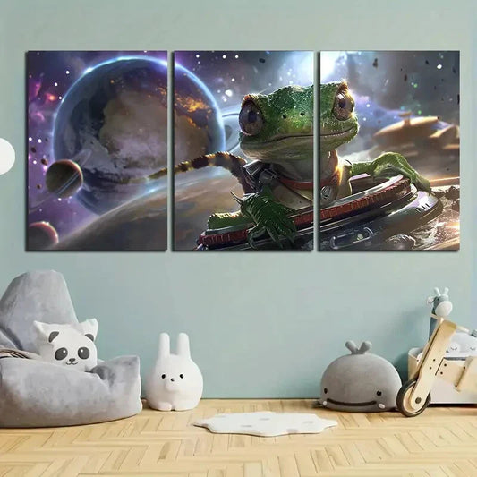 3pcs Space Green Lizard Modern Art Metal Print Ready to Hang Art