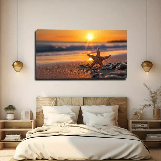 Sunset Beach With Starfish Wall Art Canvas Office Home Room Framed 80x45cm