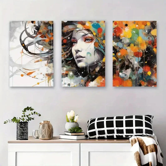 3pcs Abstract Portrait of Woman with Colorful Metal Print Ready to Hang Art