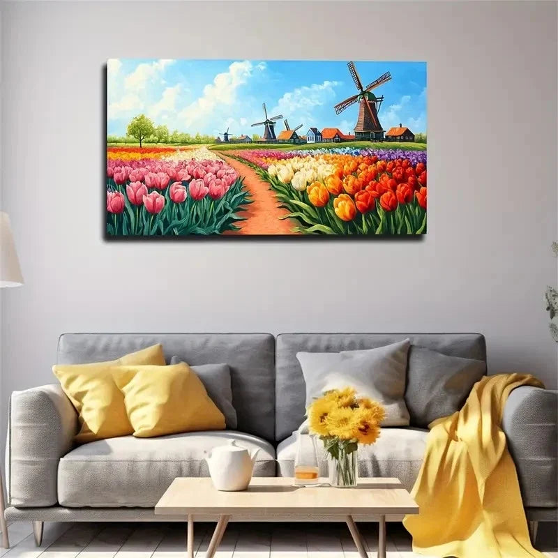 Vibrant Tulips & Dutch Windmill Wall Art Canvas Office Home Room Framed 80x45cm