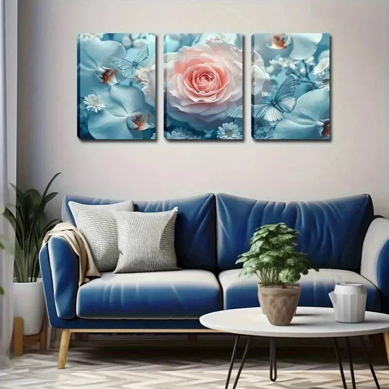 3pcs Serene Light Blue Floral & Butterfly Design Wall Art Set Canvas Framed 40x60cm - High Quality Print 100% Australian Made Wall Canvas Ready to Hang