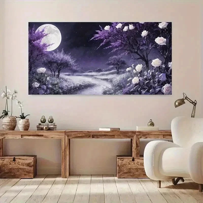 Moonlit Forest Roses Path wall canvas office home room framed 120x60cm