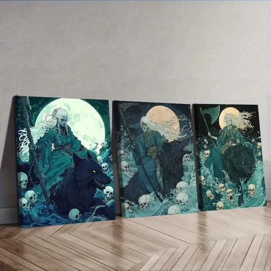 3pcs   Gothic Fantasy Art with Moonlit Wolves Wall Art Set Canvas Framed 40x60cm - High Quality Print 100% Australian Made Wall Canvas Ready to Hang