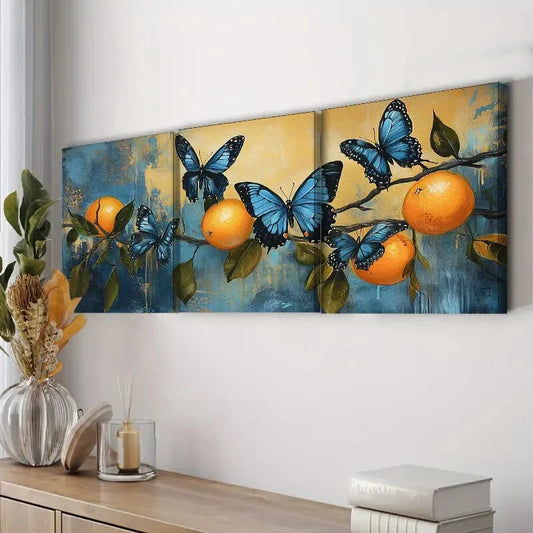 3pcs Beautiful Blue Butterflies & Orange Perfect Wall Art Set Canvas Framed 40x60cm - High Quality Print 100% Australian Made Wall Canvas Ready to Hang
