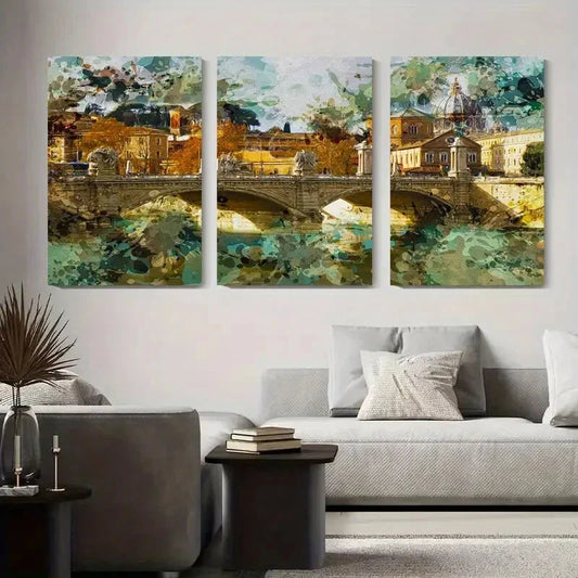 3pcs Roman Bridge Watercolor Painting Abstract Metal Print Ready to Hang Art