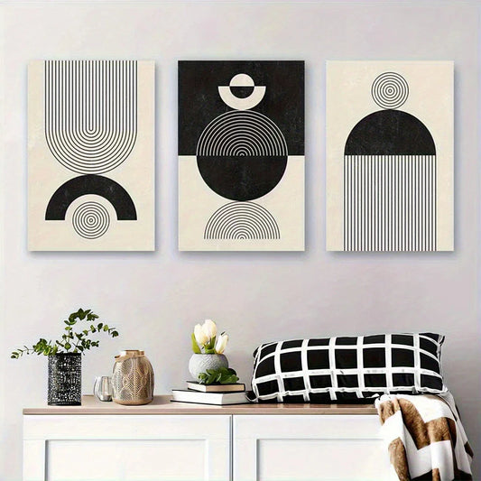 3pcs Black and White Abstract Geometric Shapes Metal Print Ready to Hang Art