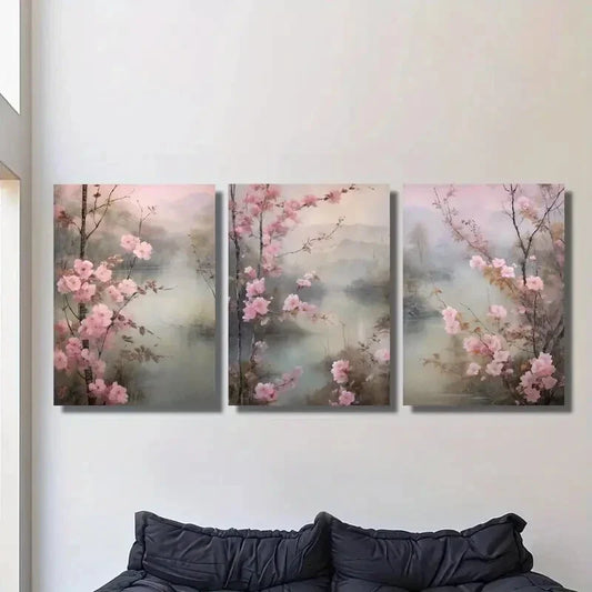 3pcsElegant pink watercolor landscape in Japanese Metal Print Ready to Hang Art