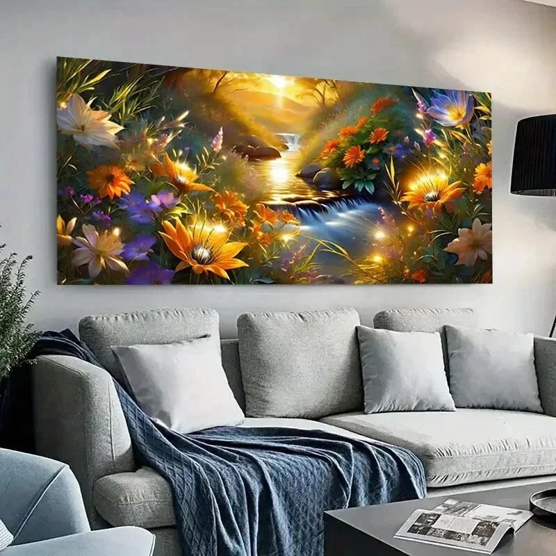 Sunlit Flowers in Forest wall canvas office home room framed 120x60cm
