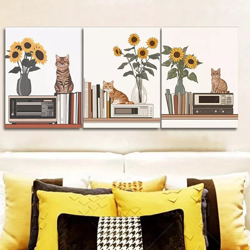 3pcs  Cat Is Sitting On The Table  Wall Art Set Canvas Framed 40x60cm - High Quality Print 100% Australian Made Wall Canvas Ready to Hang
