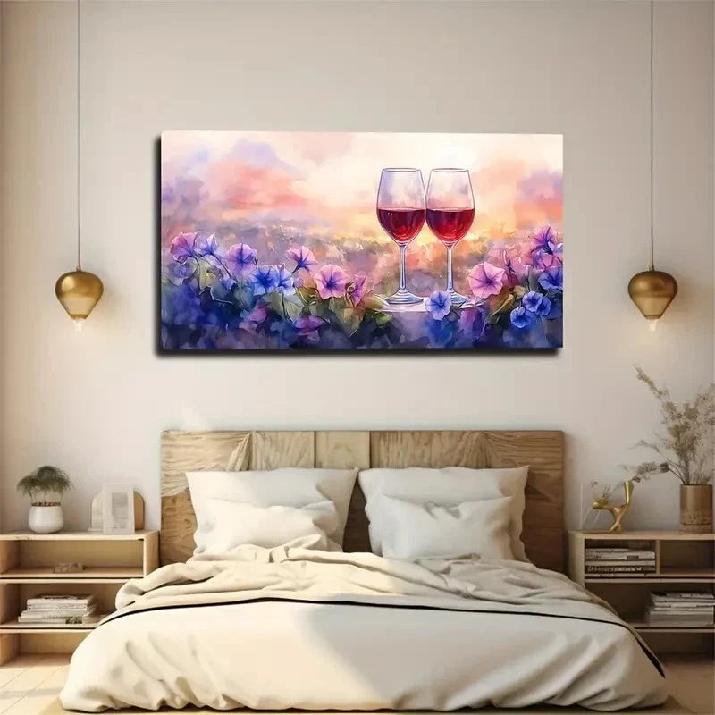 Vibrant Sunset Sky Wine Glasses Wcall Art Canvas Office Home Room Framed 120x60cm