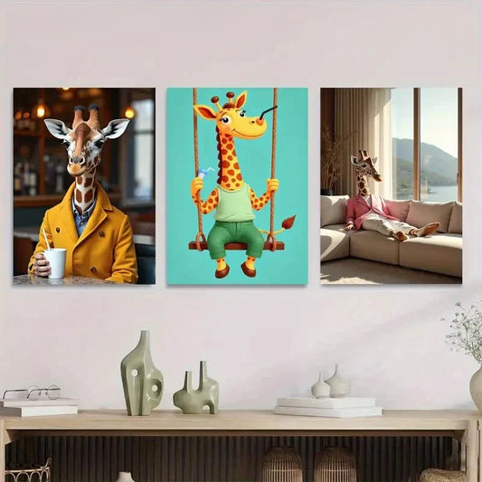 3pcs Colorful Giraffe Whimsical Modern Painting Wall Art Set Canvas Framed 40x60cm - High Quality Print 100% Australian Made Wall Canvas Ready to Hang