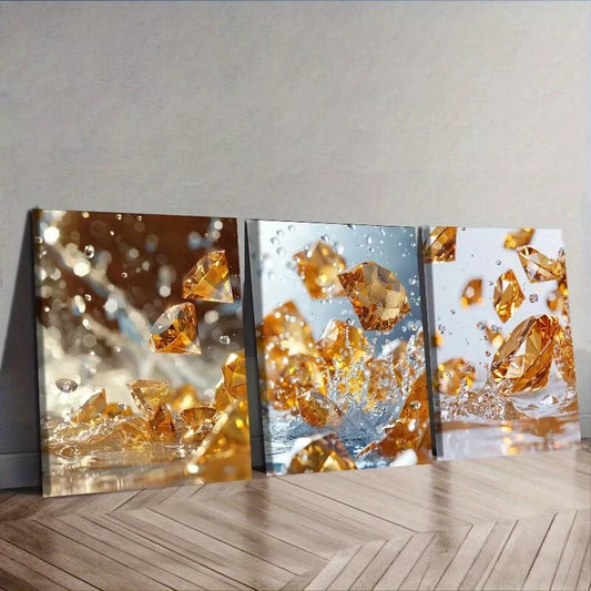 3pcs  Yellow Diamonds Crystals    Wall Art Set Canvas Framed 40x60cm - High Quality Print 100% Australian Made Wall Canvas Ready to Hang