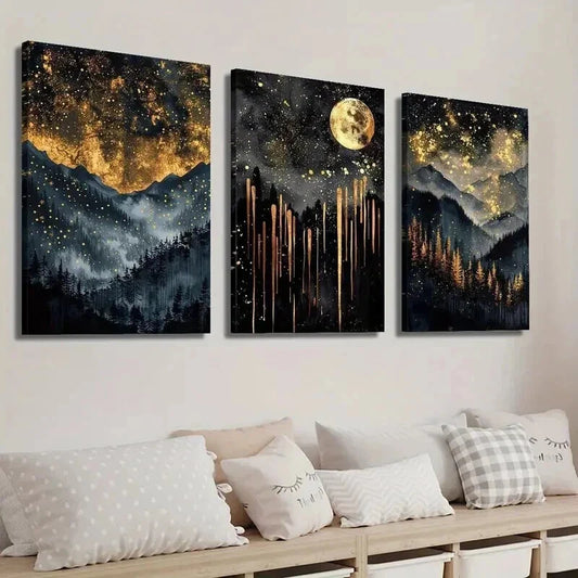 3pcs Abstract Starry Black and Golden Sky Wall Art Set Canvas Framed 40x60cm - High Quality Print 100% Australian Made Wall Canvas Ready to Hang