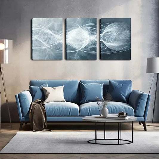 3pcs Abstract Gray, Blue, and White Swirl Design Wall Art Set Canvas Framed 40x60cm - High Quality Print 100% Australian Made Wall Canvas Ready to Hang