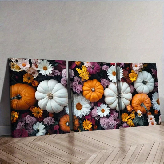 3pcss  Art Deco Style Pumpkin and Floral  Wall Art Set Canvas Framed 40x60cm - High Quality Print 100% Australian Made Wall Canvas Ready to Hang