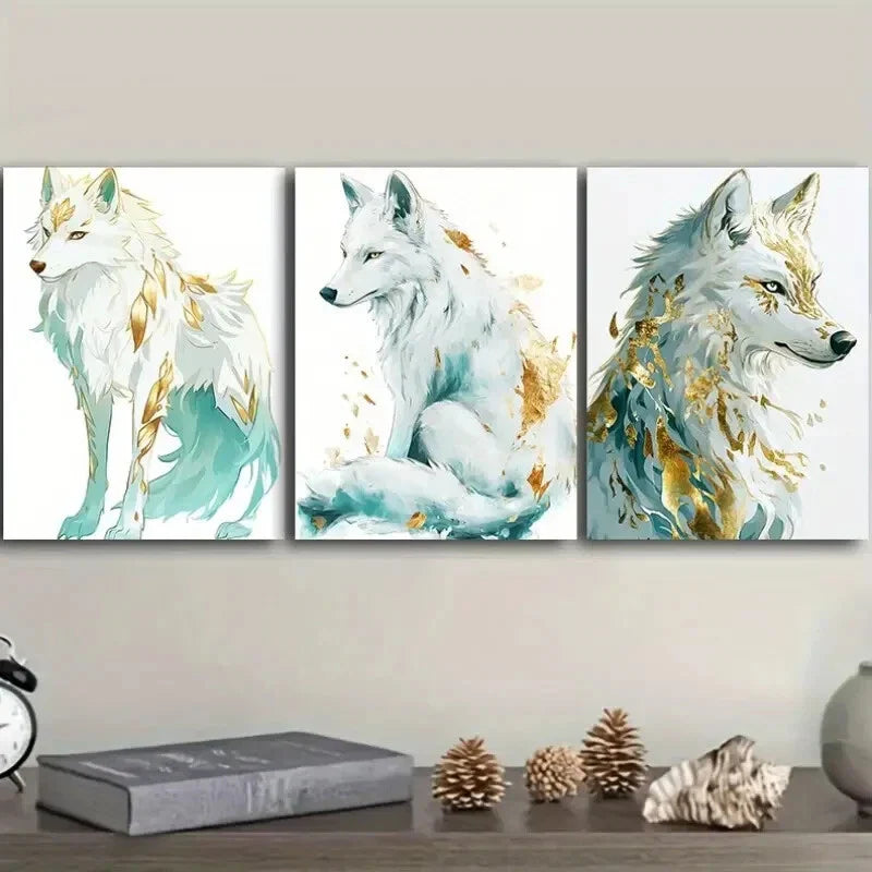 3pcs  Graceful white Wolf Art Painting Metal Print Ready to Hang Art