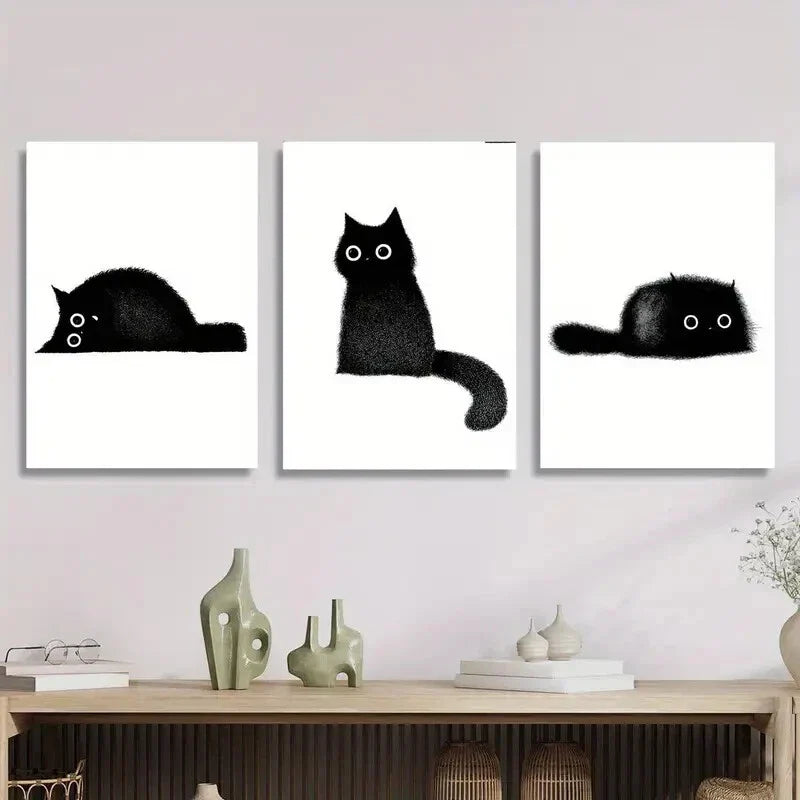 3pcs  Cute black cat, black little coal cat, Metal Print Ready to Hang Art