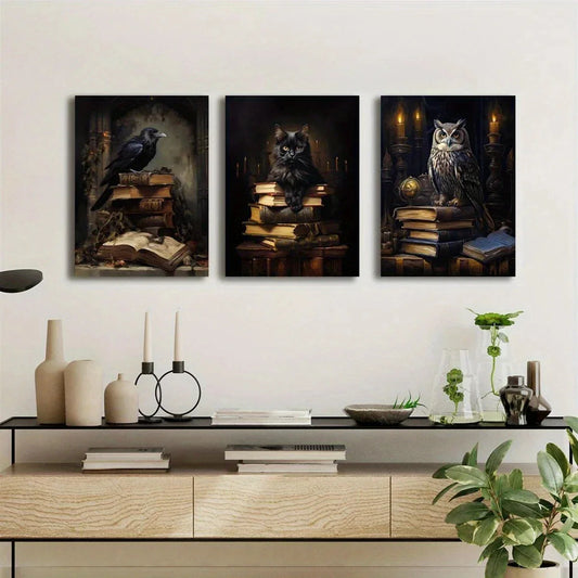 3pcs Gothic Victorian Owl Crow & Black Cat Metal Print Ready to Hang Art