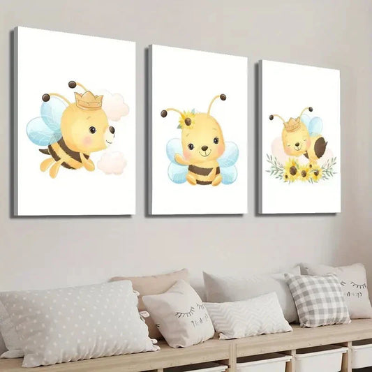 3pcs Cartoon Bees Flowers & Butterflies Wall Art Set Canvas Framed 40x60cm - High Quality Print 100% Australian Made Wall Canvas Ready to Hang