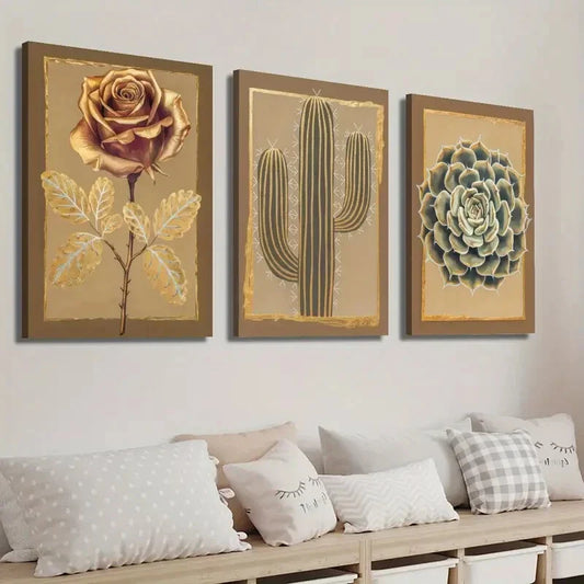 3pcs Golden Roses Cactus And Succulents Wall Art Set Canvas Framed 40x60cm - High Quality Print 100% Australian Made Wall Canvas Ready to Hang