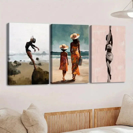 3pcs Fashion Artistic Vibrant Beach Scene Ladies Wall Art Set Canvas Framed 40x60cm - High Quality Print 100% Australian Made Wall Canvas Ready to Hang